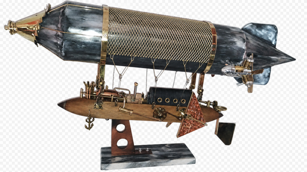 Sculpture de zeppelin steampunk en métal avec détails mécaniques, réalisée par Bruno Cotton.