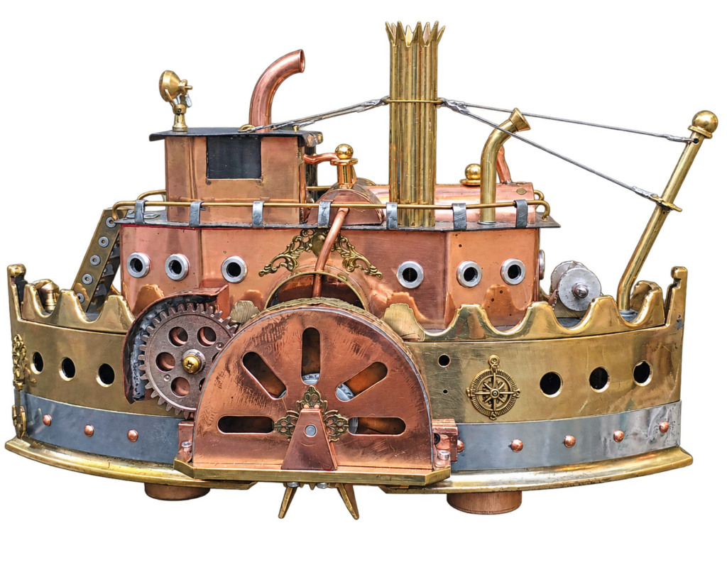 Bateau steampunk en cuivre et métal, sculpture de Bruno Cotton.